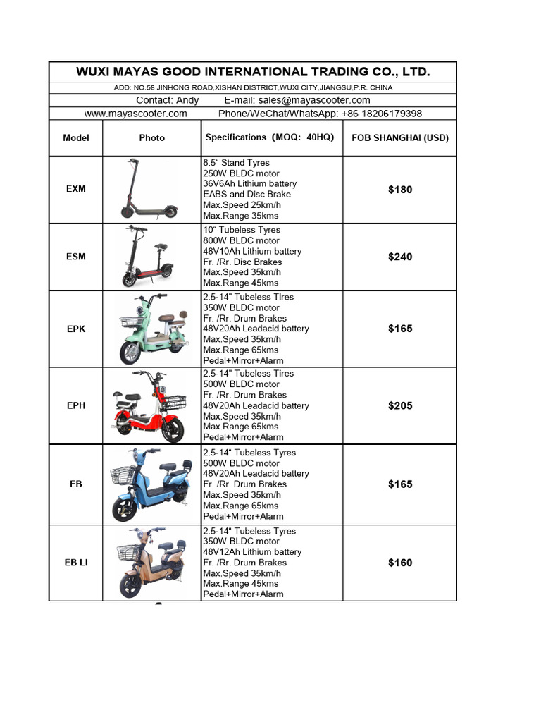 Electric Scooter Models And Prices Pdf Vehicles Photo Inspiration