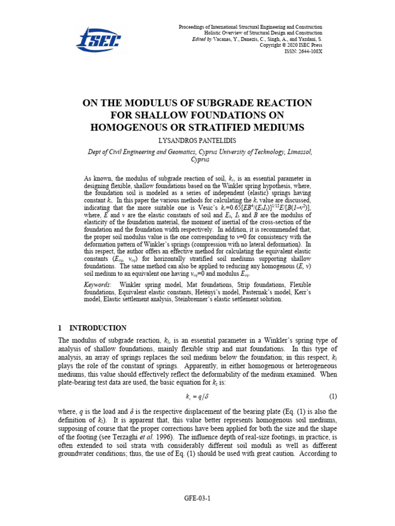 Modulus of subgrade reaction for shallow foundations on homogenous or