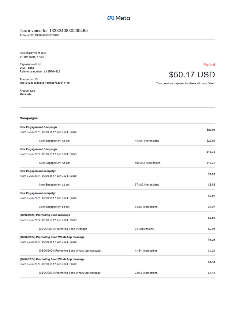 Meta Ads Invoice - Payment Failed | PDF | Value Added Tax | Public Finance