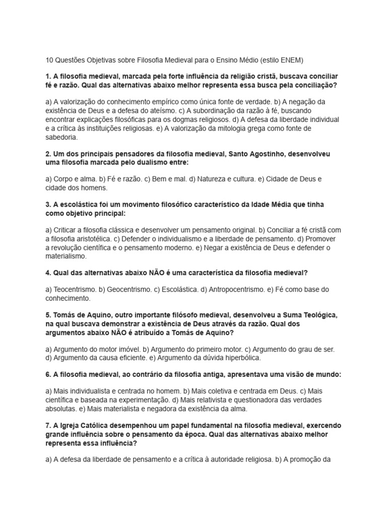 Questões sobre Filosofia Medieval ENEM | PDF | Filosofia Medieval | Deus
