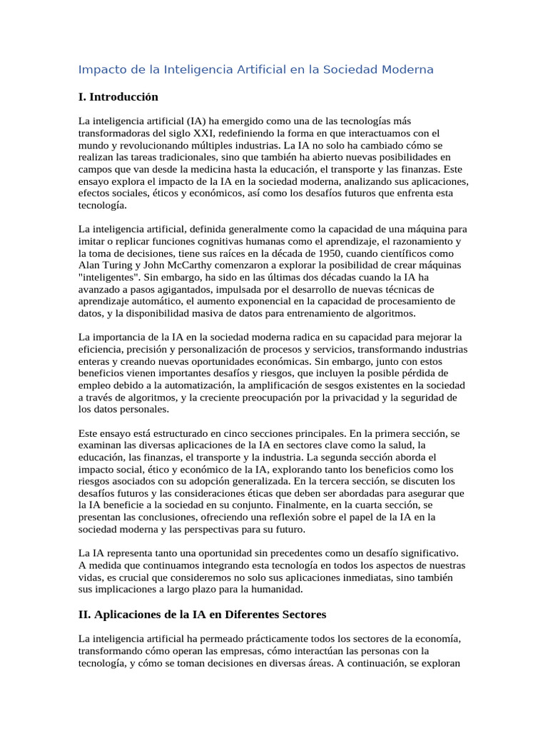 Impacto de La Inteligencia Artificial en La Sociedad Moderna | PDF ...