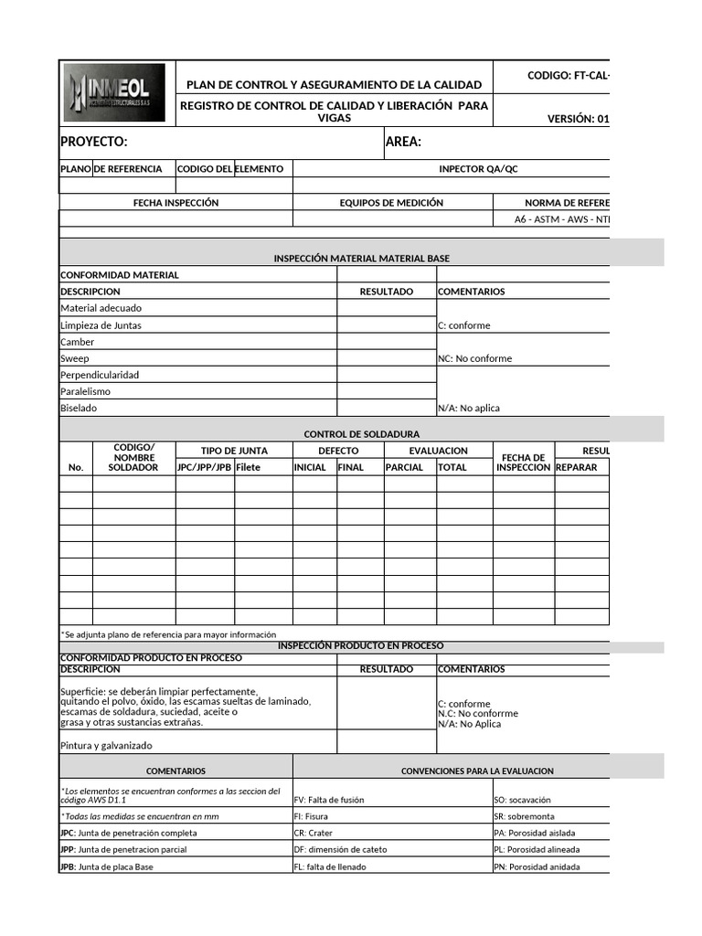 Plan de Control de Calidad FT-CAL-002 | PDF | Soldadura | Construcción