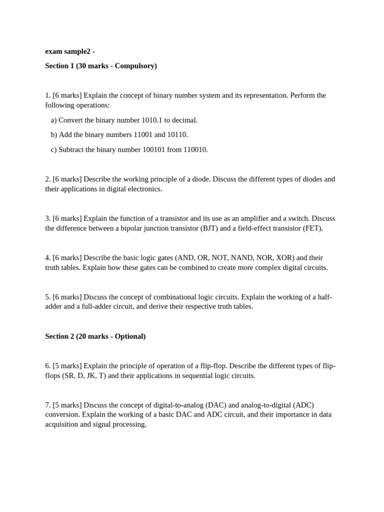 Digital Electronics Exam Sample Questions Pdf Electronic Circuits