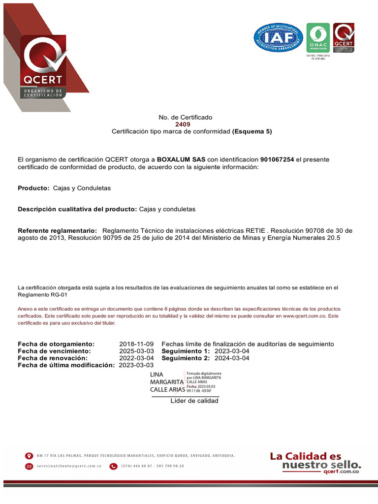 Certificación RETIE Boxalum 2025 | PDF