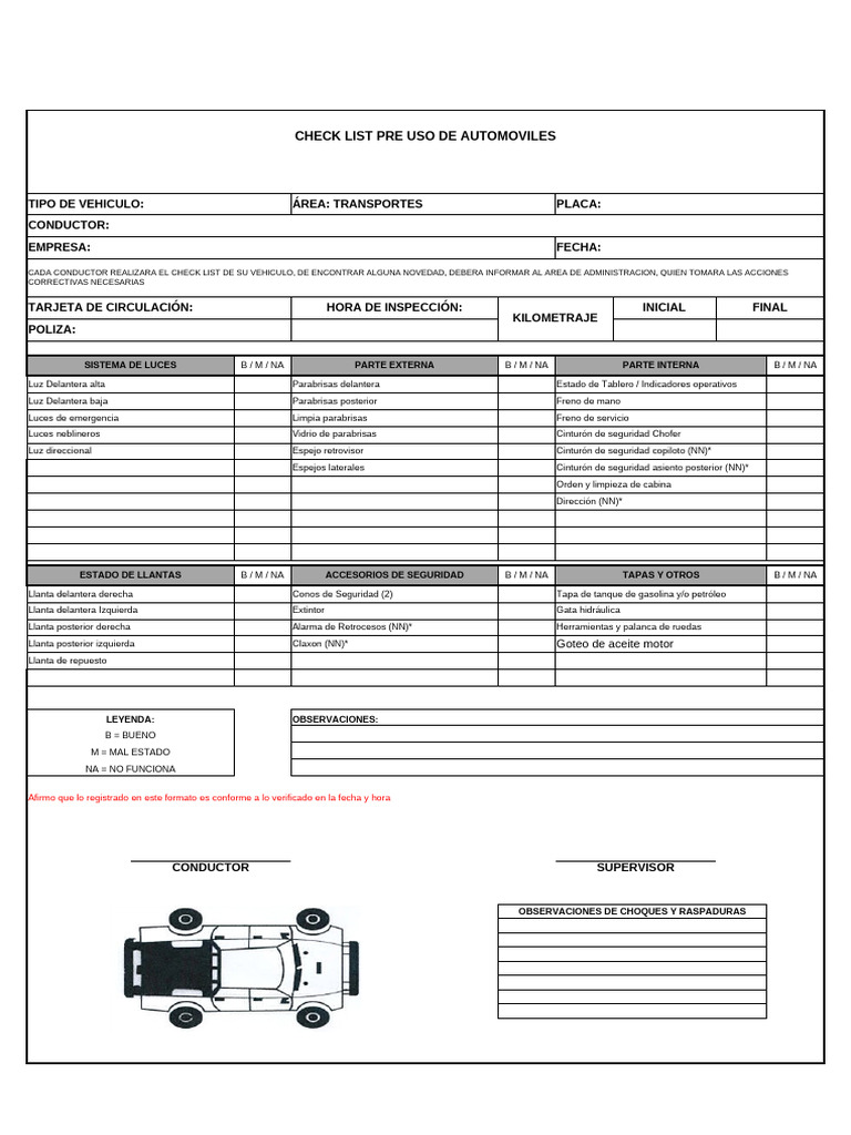 Check List Pre Uso de Vehículos | PDF | Tecnología de vehículos ...