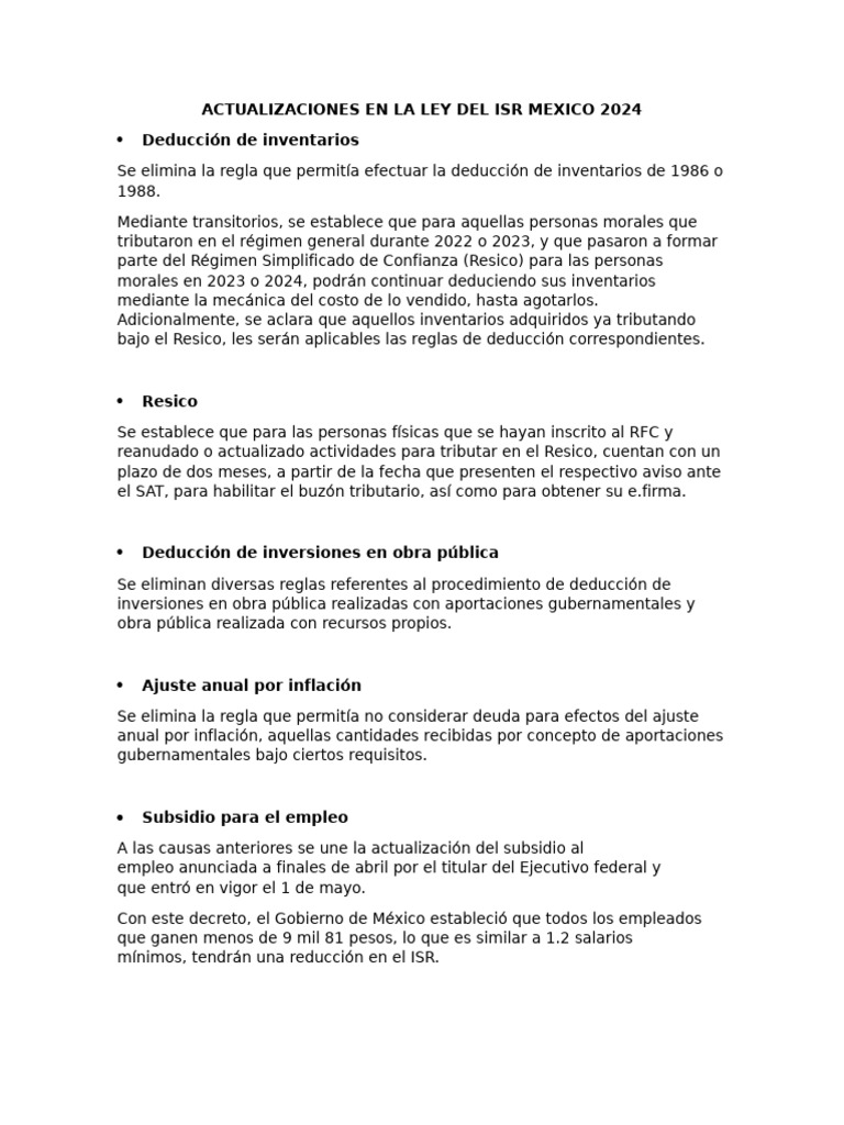 Actualizaciones Ley Isr 2024 | PDF | Impuesto sobre la renta | Salario ...