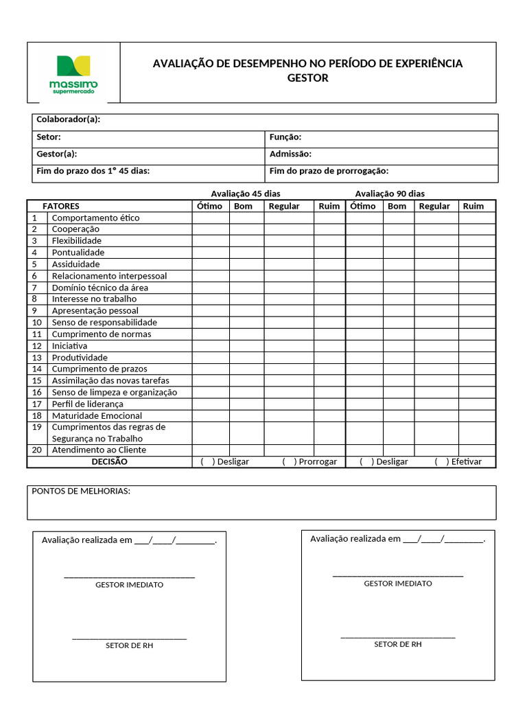 Avaliação Contrato Período de Experiência Gestor - 45 e 90 Dias | PDF ...