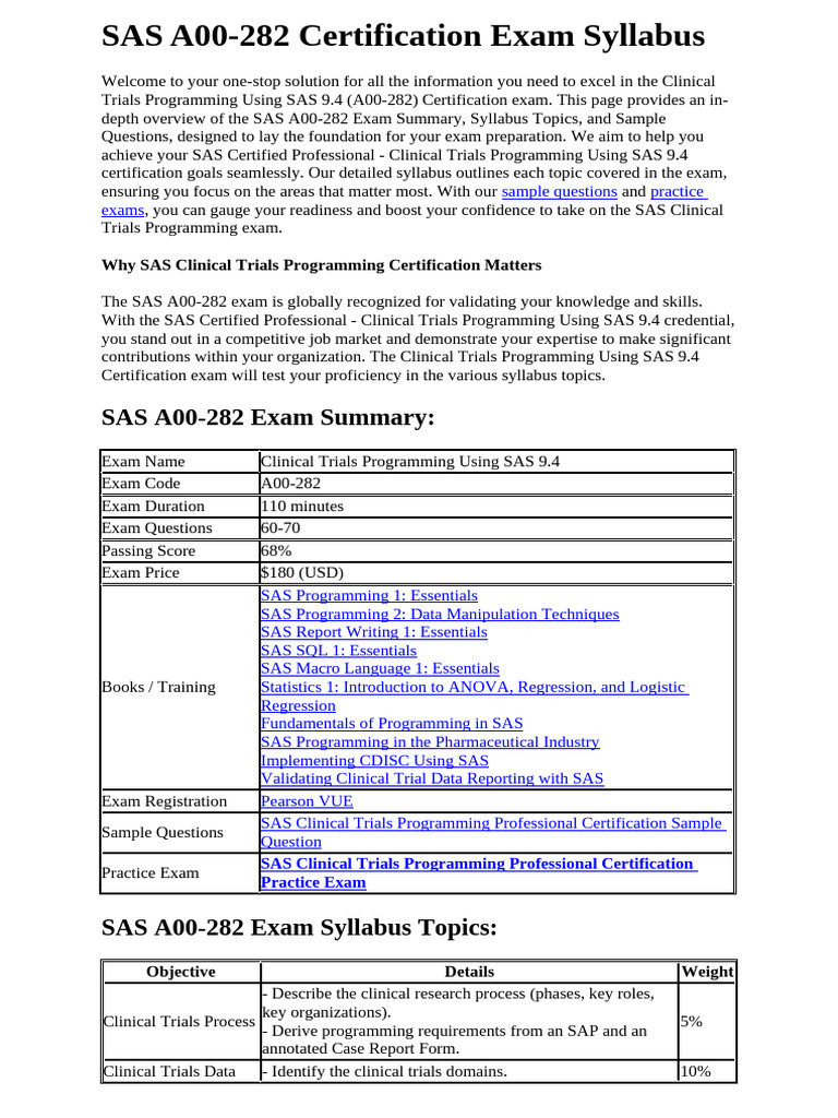 SAS A00 282 Certification Exam Syllabus PDF Sas (Software) Statistics
