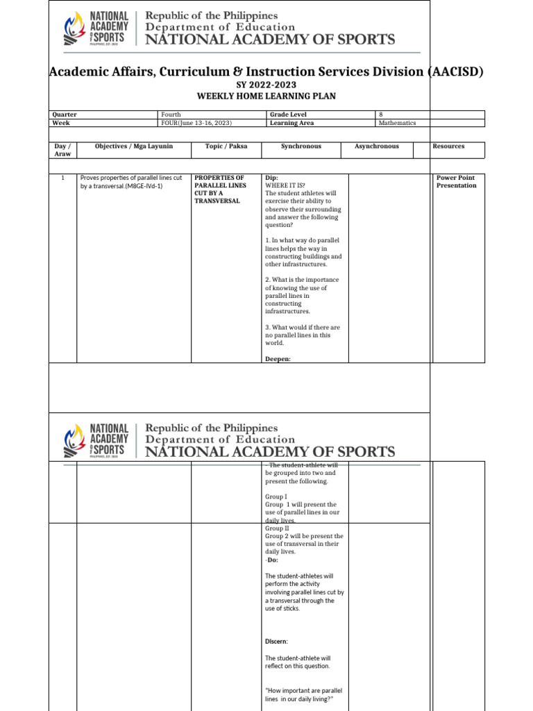 Weekly Math Learning Plan: Parallel Lines | PDF | Cognition | Learning