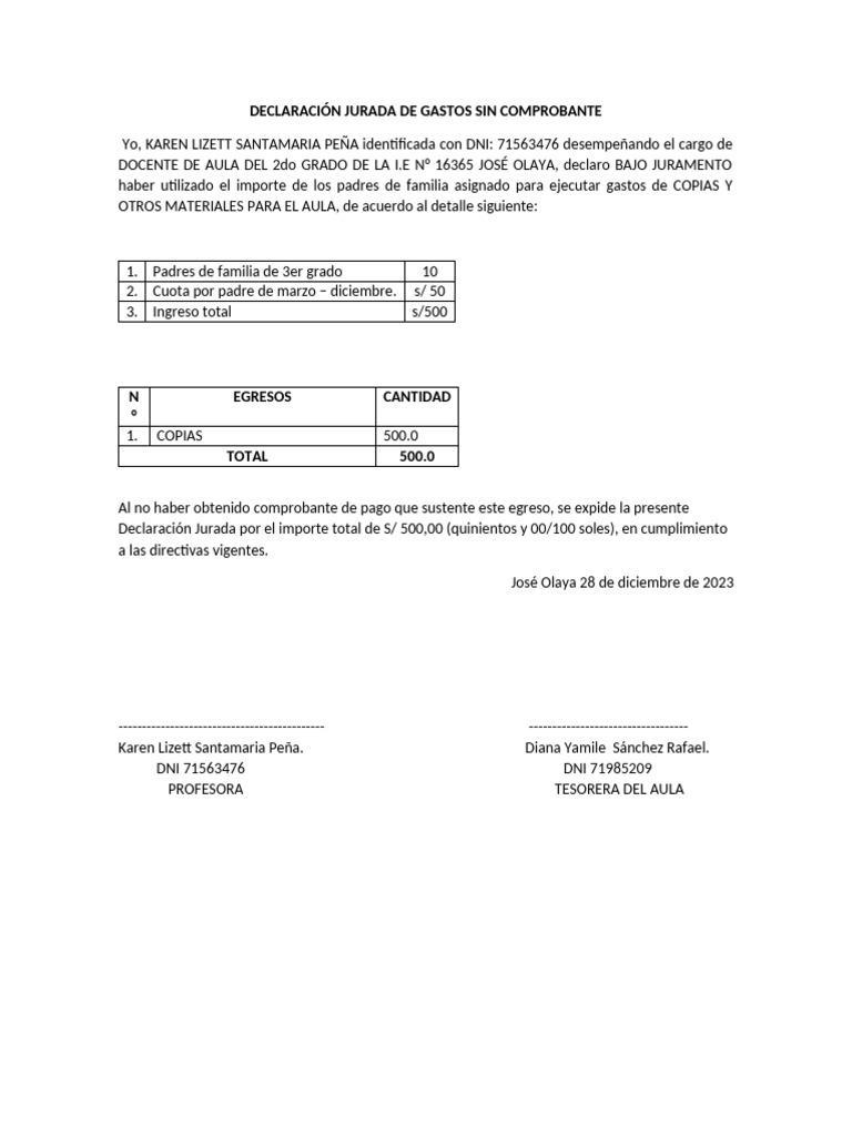 Modelo De Declaracion Jurada De Gastos Sin Comprobant Vrogue ...