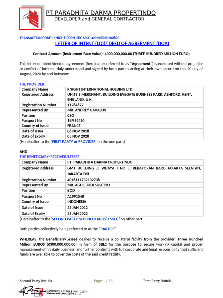 DOA - LOI-LEASE - Word TDTGN | PDF | Letter Of Credit | Wire Transfer