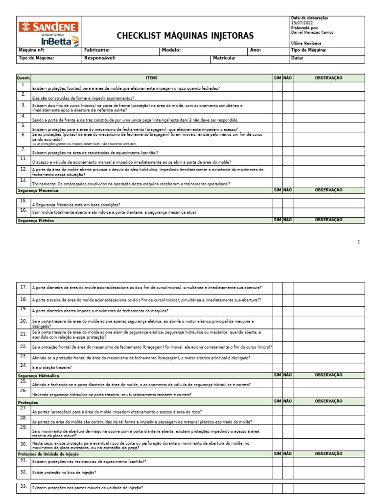 Checklist de Segurança para Máquinas Injetoras | PDF | Motores