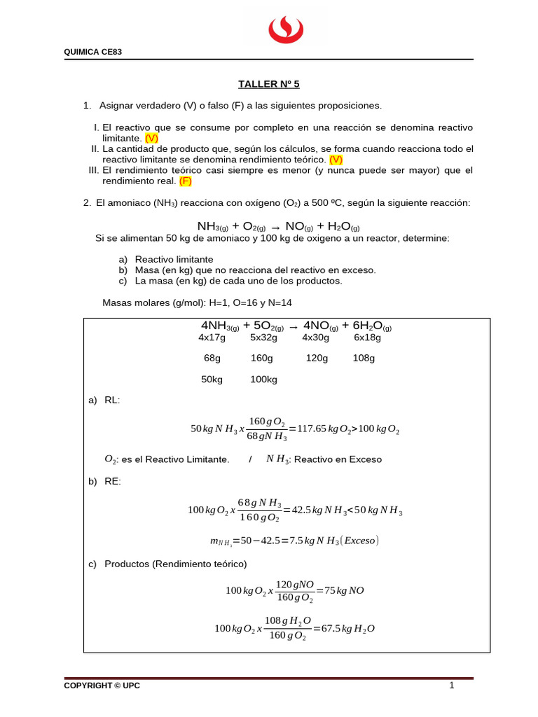 Ce83 Taller 5 Química - Solución | PDF | Amoníaco | Reacciones químicas