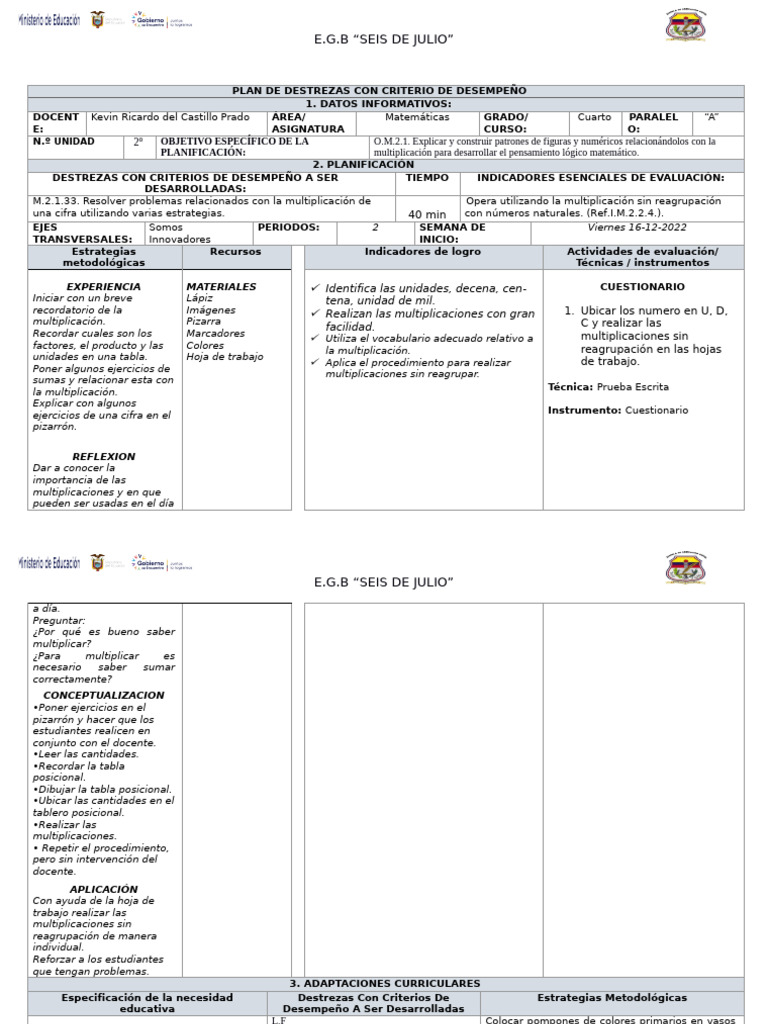 Plan de Clase 7 Matemáticas | PDF | Multiplicación