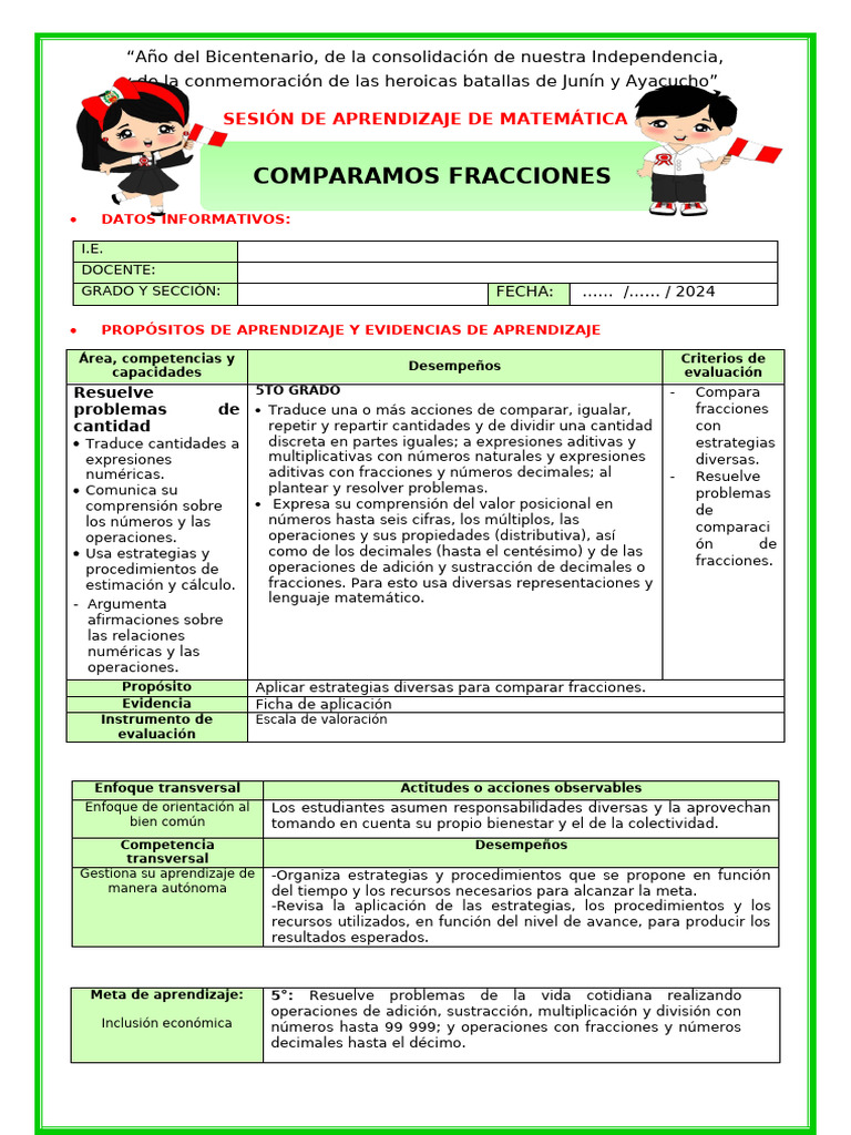 Comparación de Fracciones en 5° Grado | PDF | Aprendizaje | Matemáticas