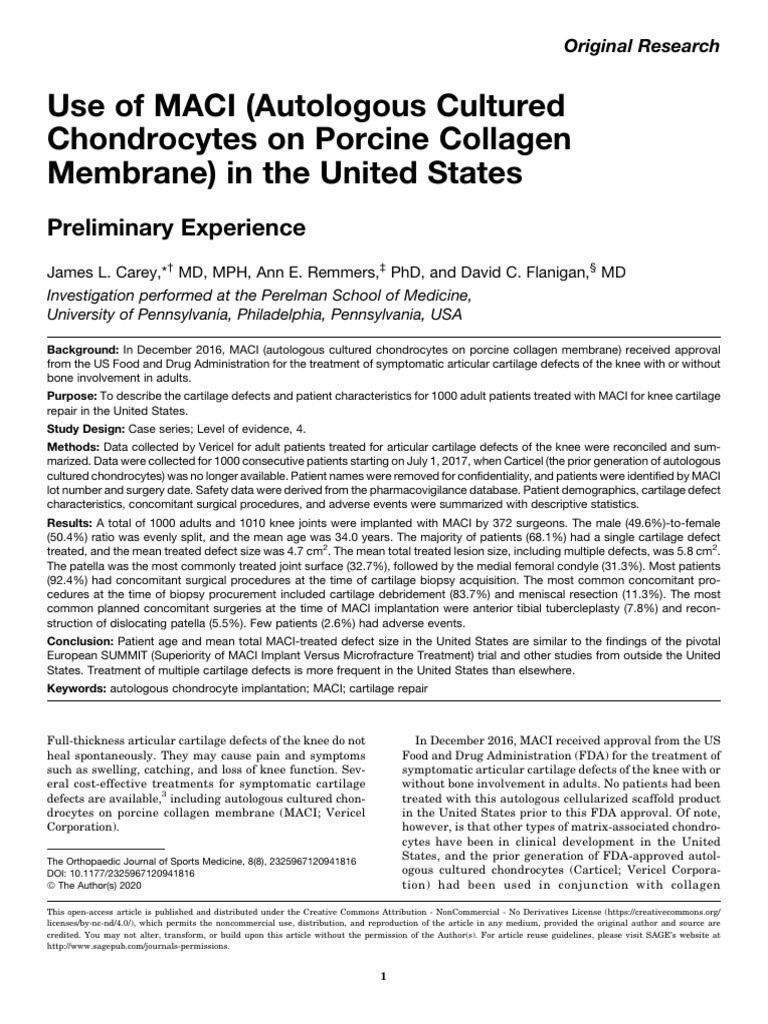 Use of MACI (Autologous Cultured - Chondrocytes On Porcine Collagen ...
