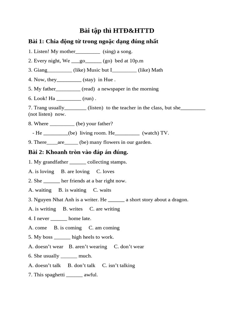 Bài-tập-thì-HTĐ HTTD | PDF