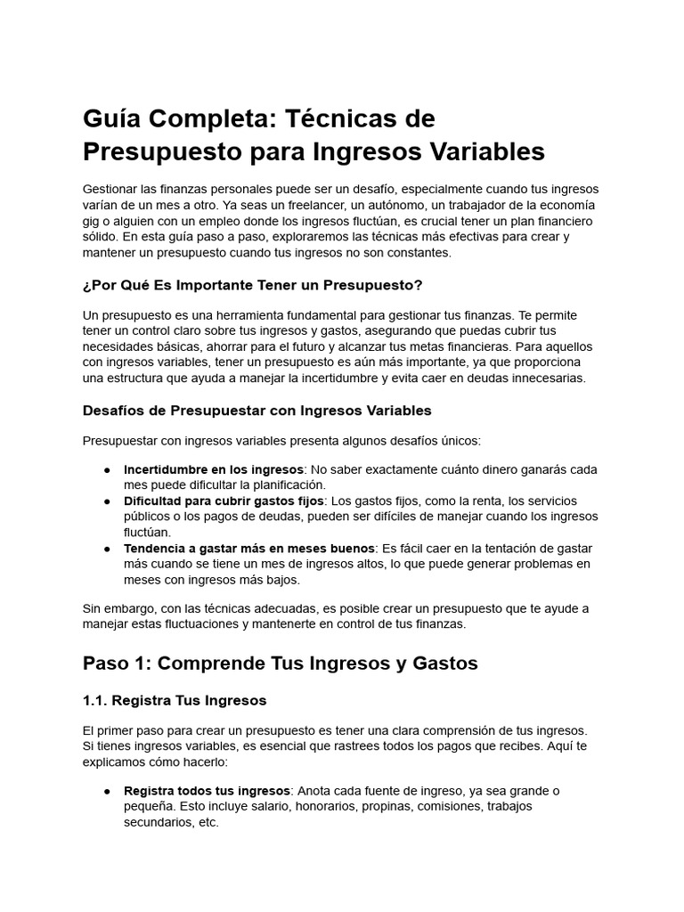Guía Completa - Técnicas de Presupuesto para Ingresos Variables | PDF ...