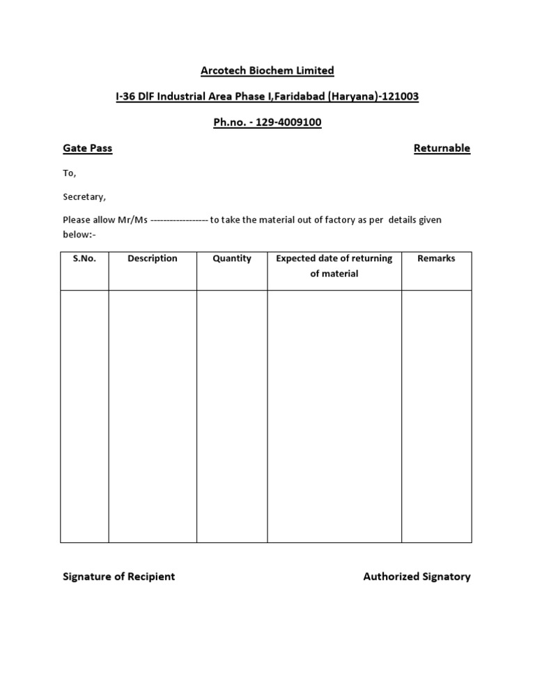Gate Pass Returnable) PDF Nature