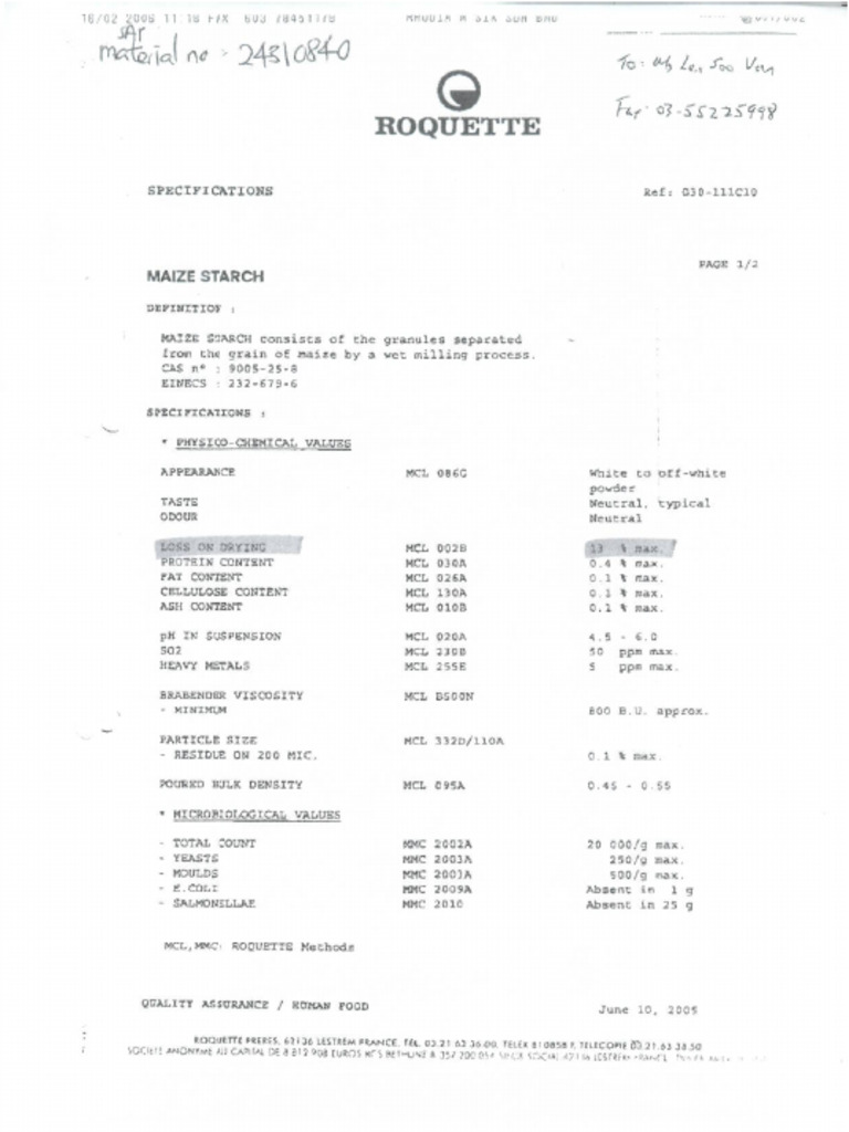 Corn Starch_Roquette_Product Specification Maize Starch_2005 | PDF