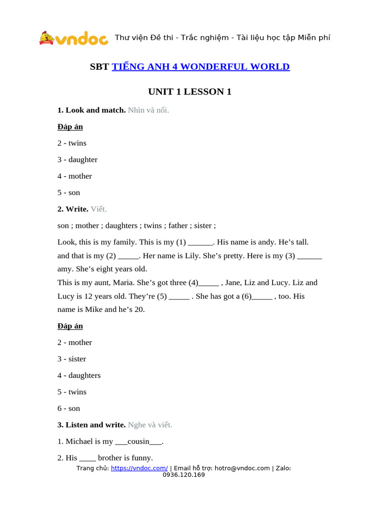 Sach Bai Tap Tieng Anh 4 Wonderful World Unit 1 Lesson 1 | PDF
