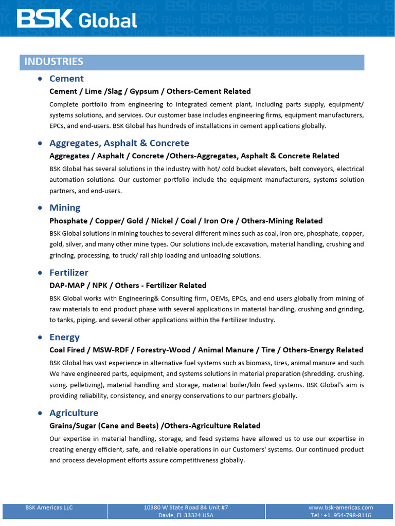 BSK - Indusrties and Product Lines | PDF | Mill (Grinding) | Cement