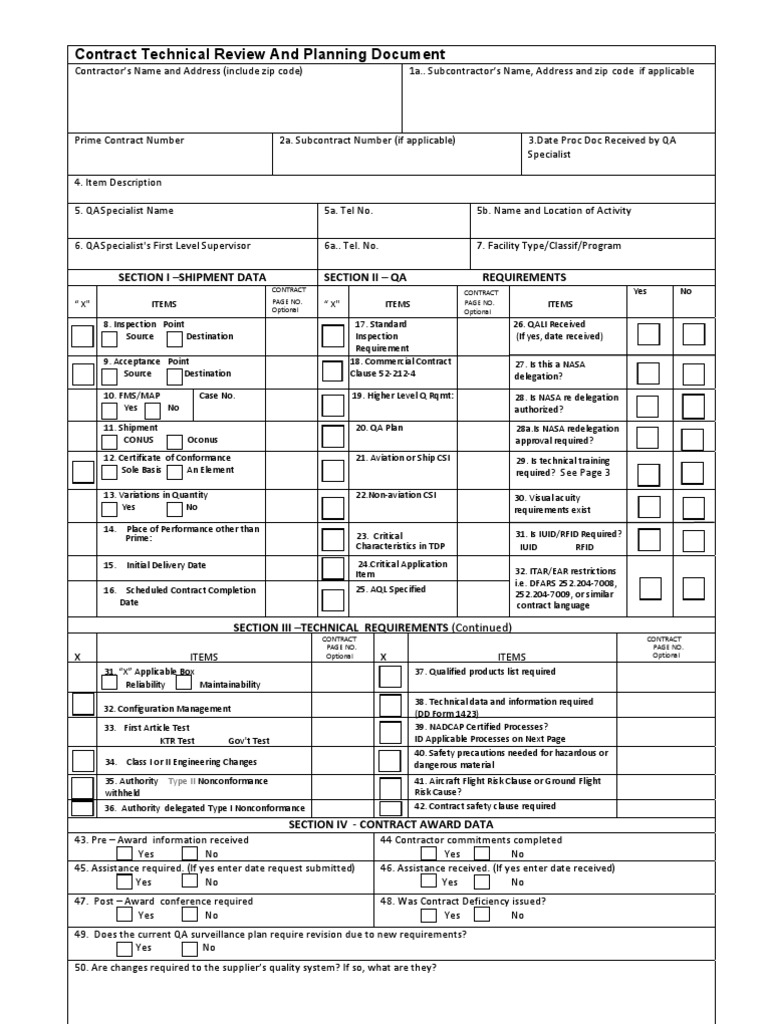 Contract Technical Review And Planning Document Section I Shipment