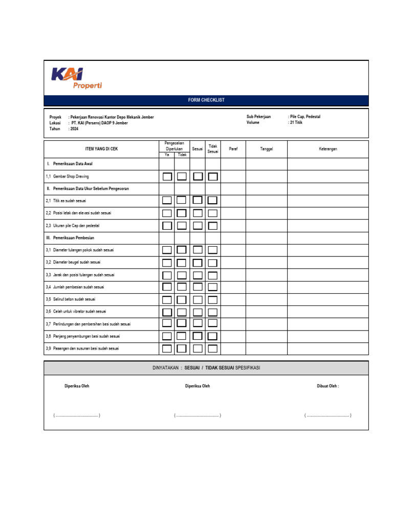 Checklist Pengecoran Pile Cap Jember | PDF