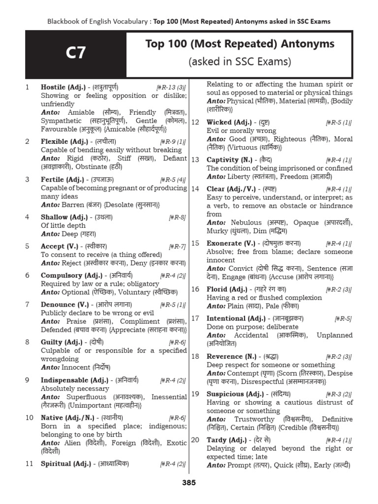 Top 100 Antonyms for SSC Exams | PDF
