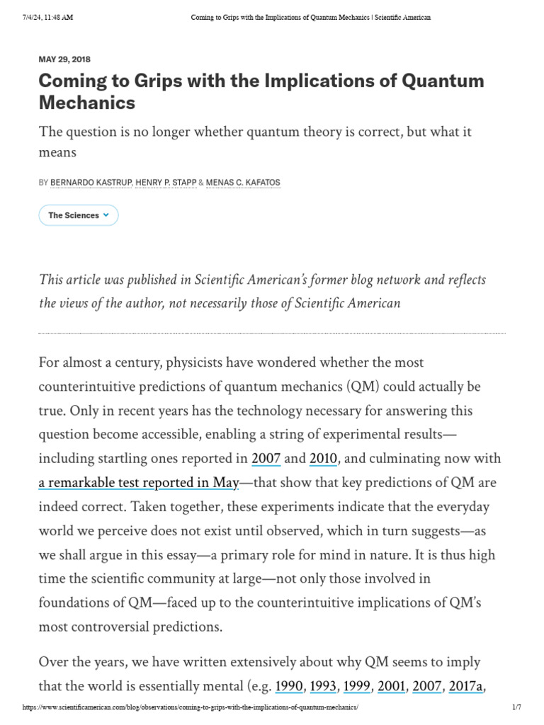 Quantum Mechanics and Consciousness | PDF | Reality | Quantum Entanglement