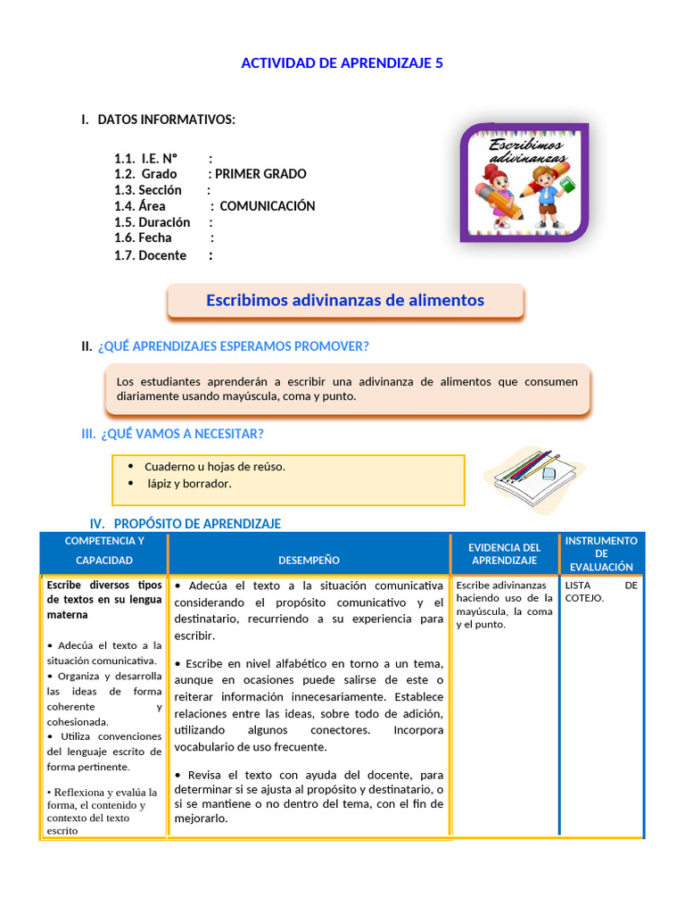 Adivinanzas de Alimentos para Primer Grado | PDF | Evaluación
