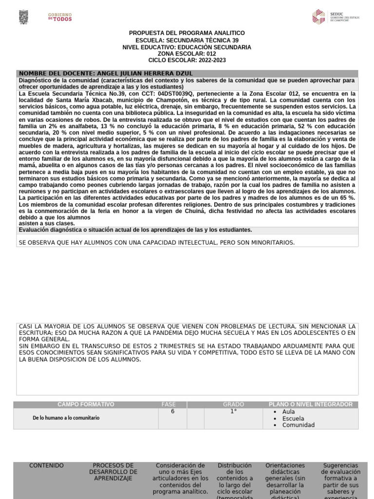 Programa Analitico Tec 1 Grado | PDF | Evaluación | Educación primaria
