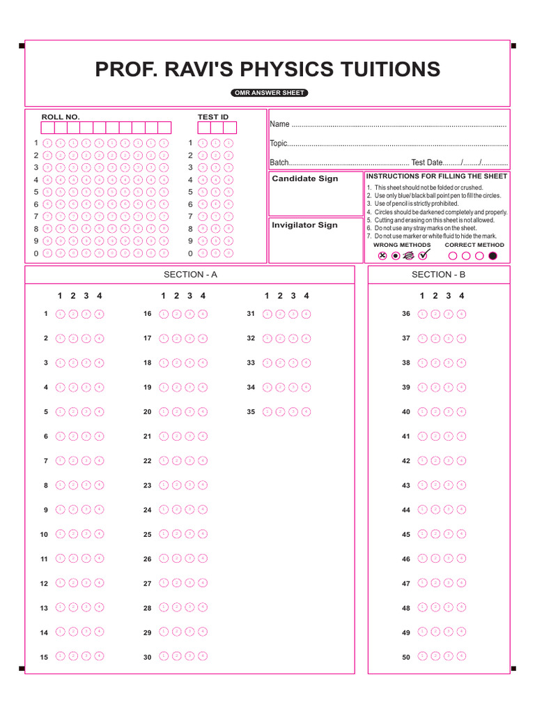 OMR Answer Sheet for Physics Exam | PDF | Writing Implements | Office ...