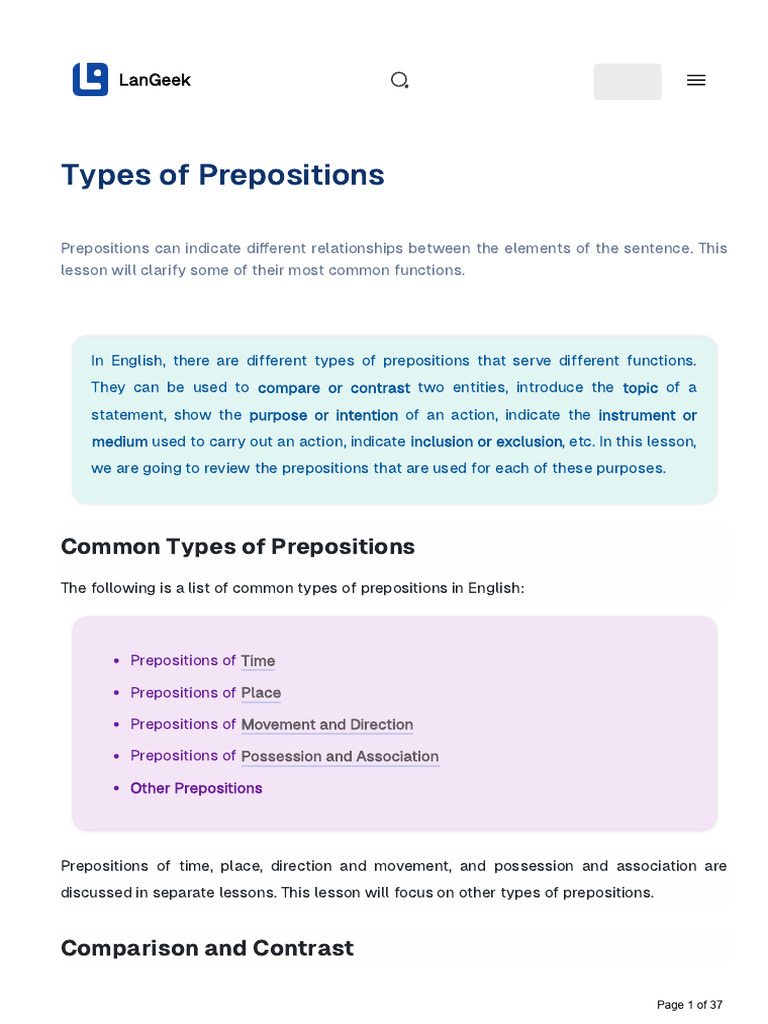 Types of Prepositions Explained | PDF | Preposition And Postposition | Verb