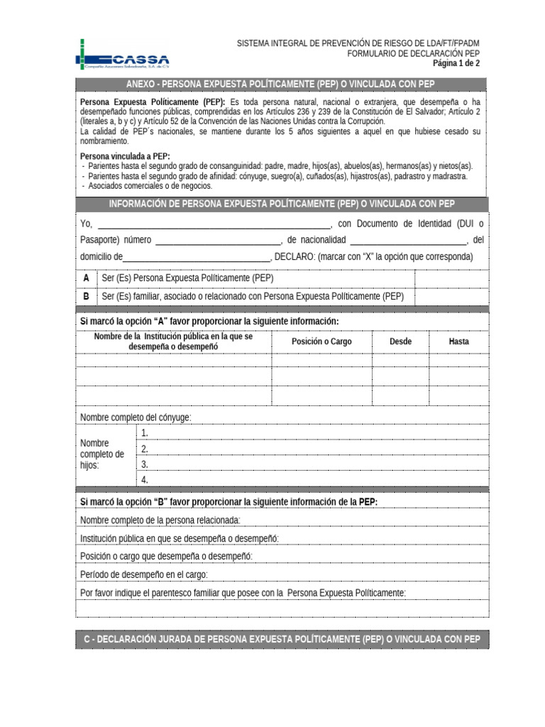 Declaración PEP UNICA PJ - PN - Solo Si Aplica | PDF