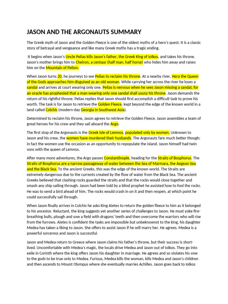 Jason and the Golden Fleece Summary | PDF | Jason | Argonauts