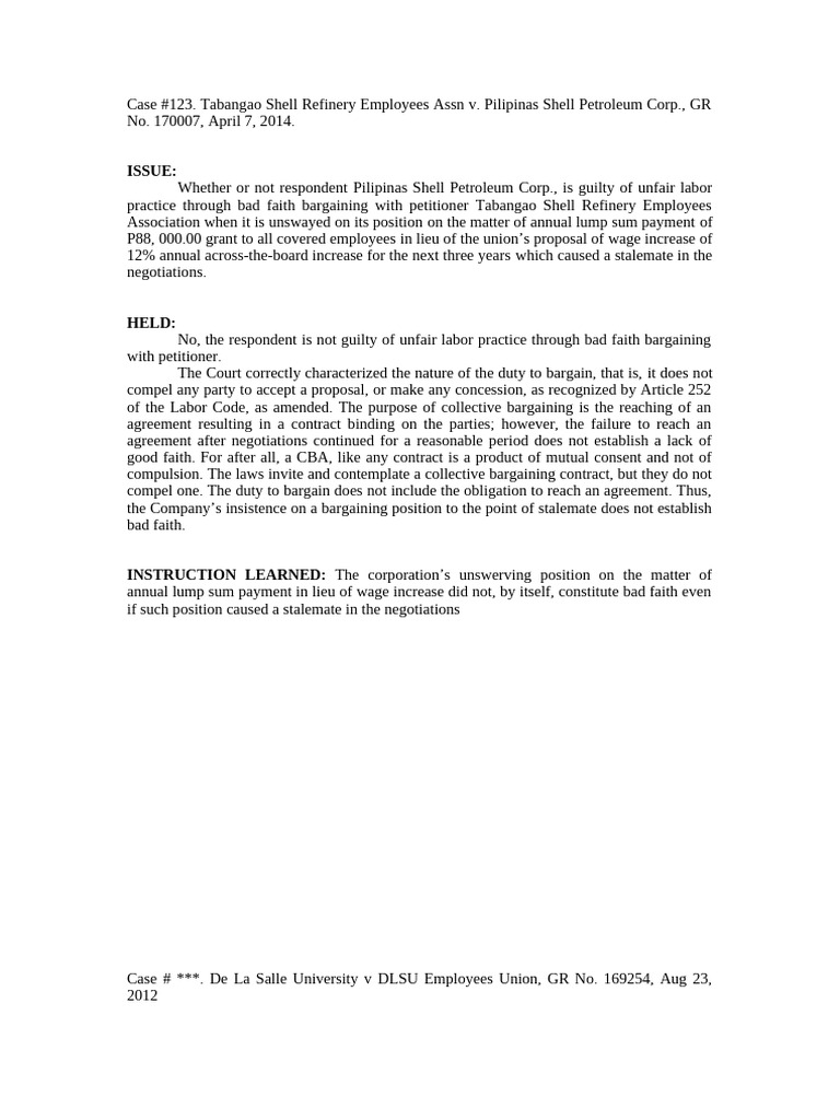 Tabangao Shell Refinery Employees Assn v. Pilipinas Shell Petroleum ...