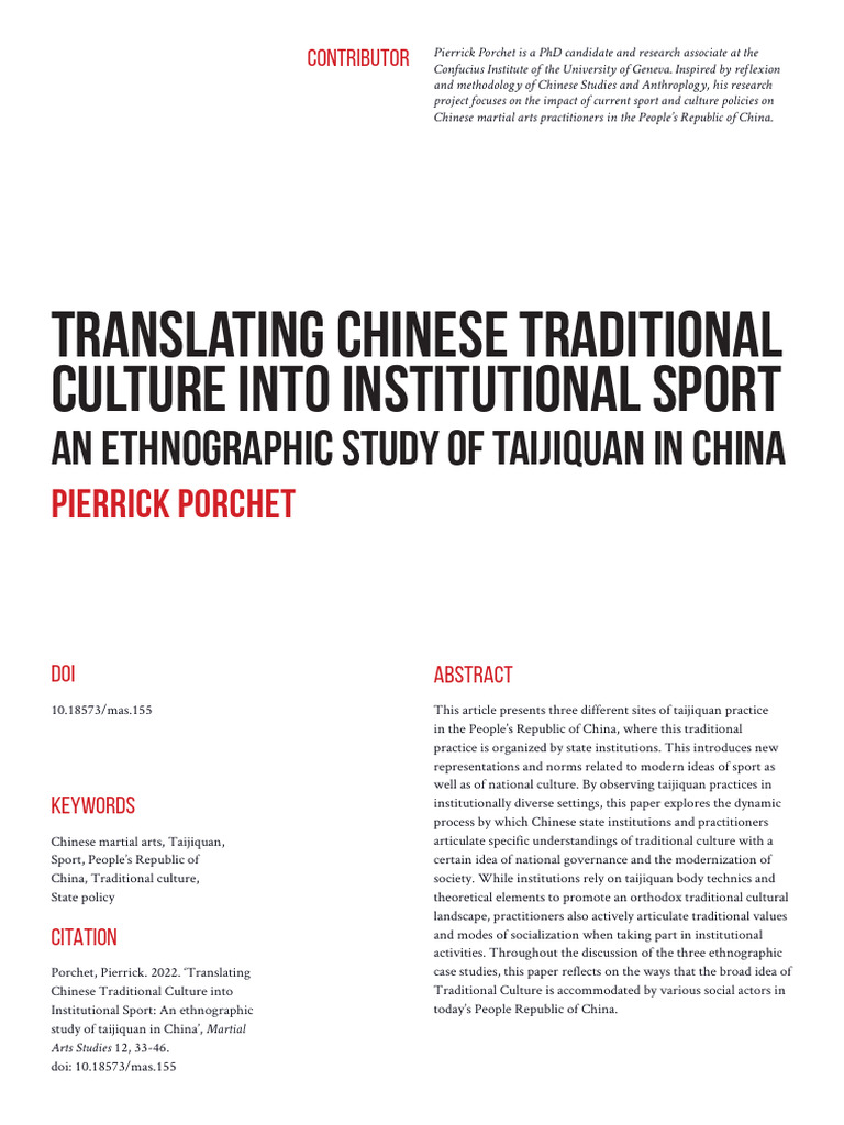 Translating chinese traditional culture into institutional sport an