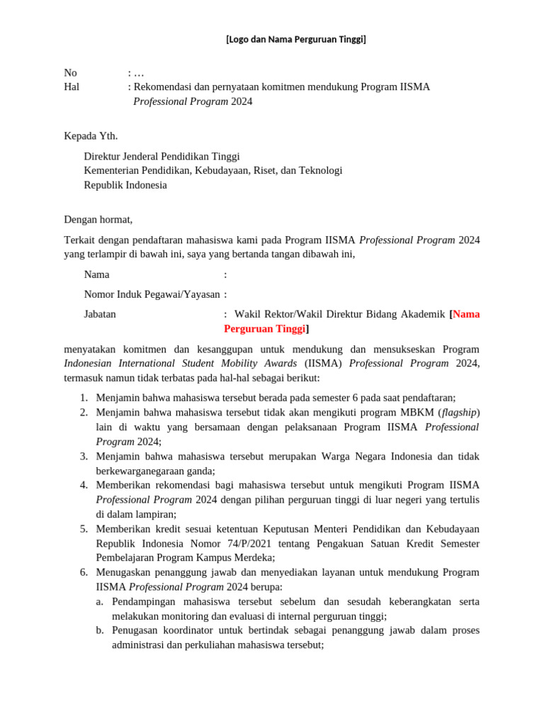  template 5 surat rekomendasi dan pernyataan perguruan tinggi iisma