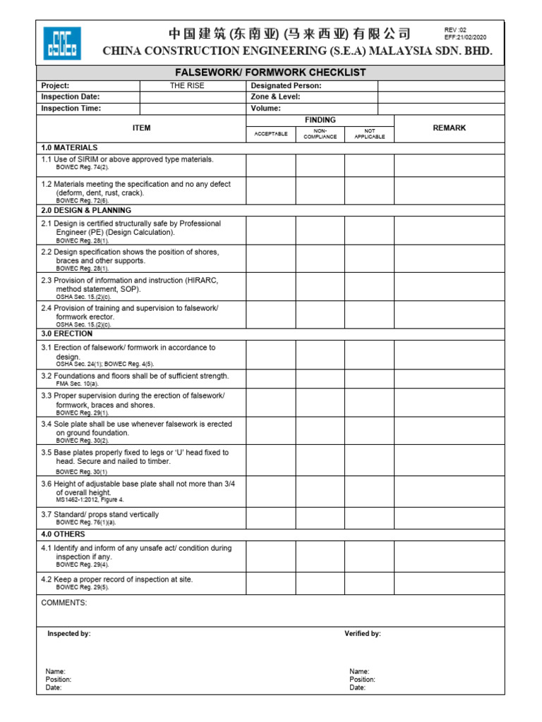 Formwork Inspection Checklist for The Rise | PDF | Structural ...