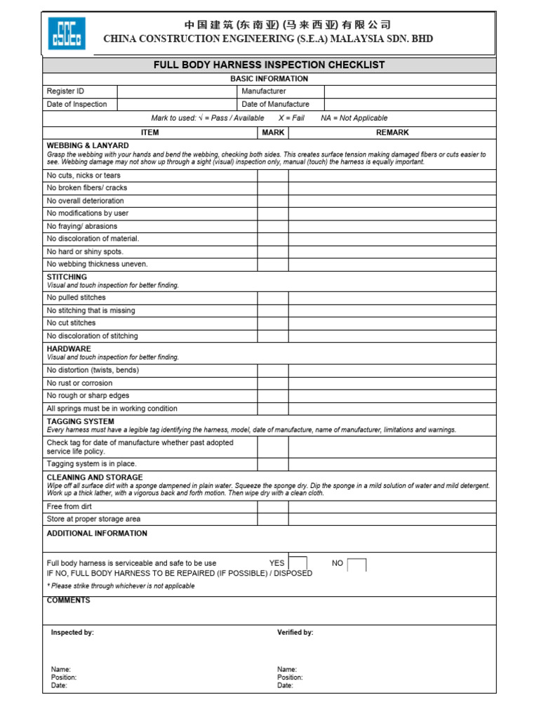Full Body Harness Inspection Checklist | PDF | Materials