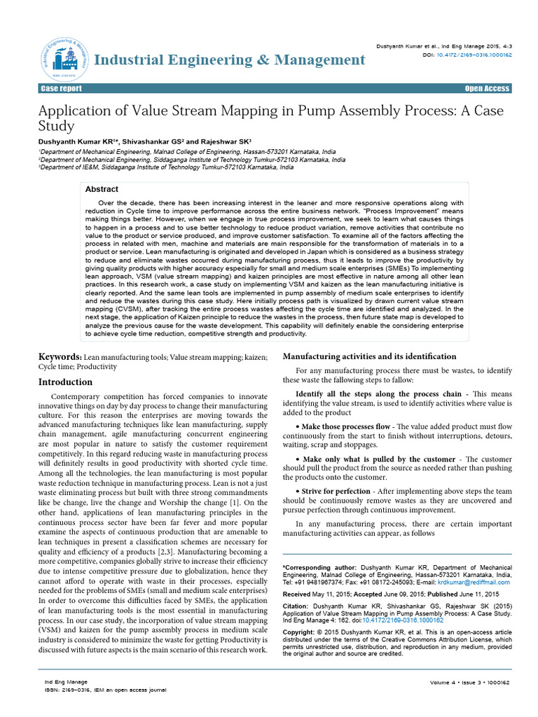 Application of Value Stream Mapping in Pump Assembly Process a ...
