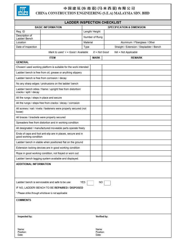 Ladder Inspection Checklist Template | PDF | Ladder