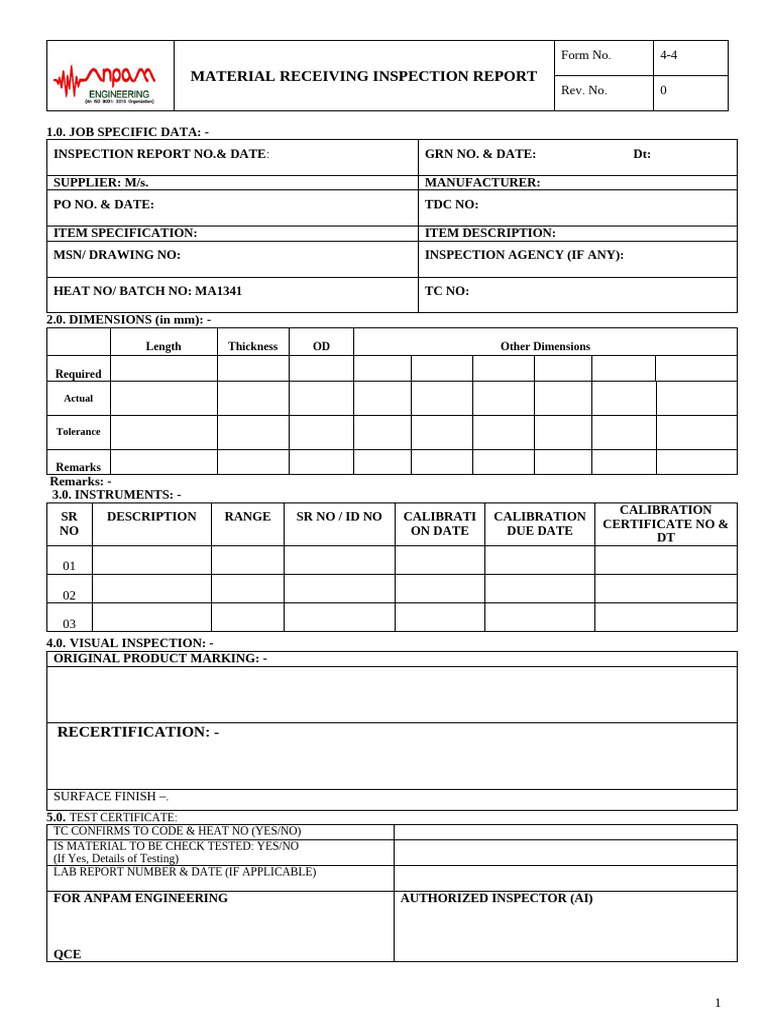 Form No- 4-4 - Material Receiving Inspection Report | PDF