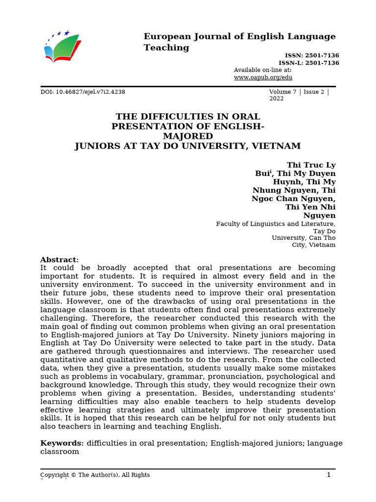 The Difficulties in Oral Presentation of English-Majored Juniors at Tay ...