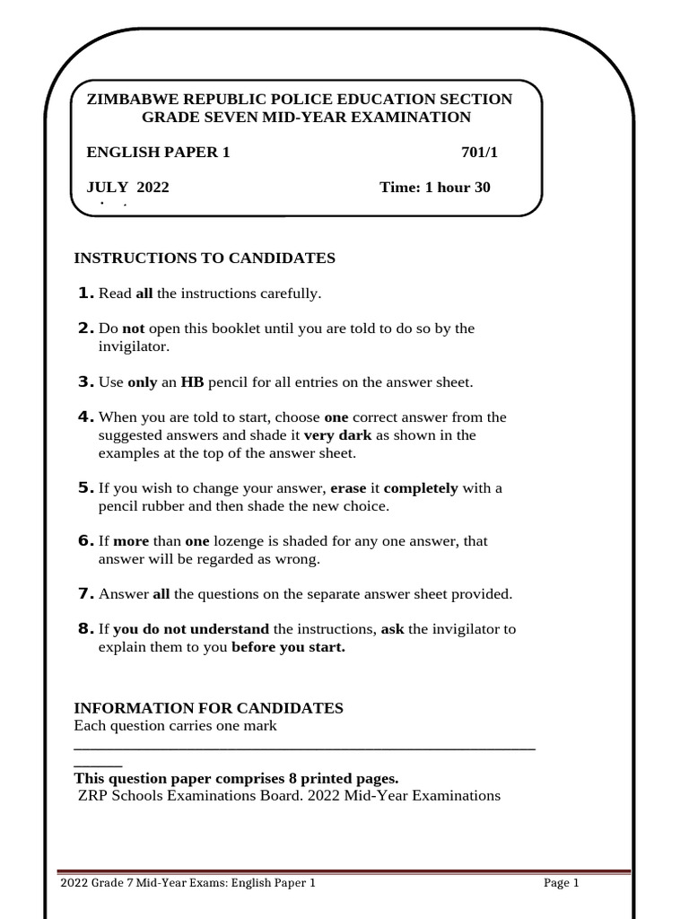 GRADE 7 ENGLISH PAPER 1 | PDF | Rain | Black Beauty