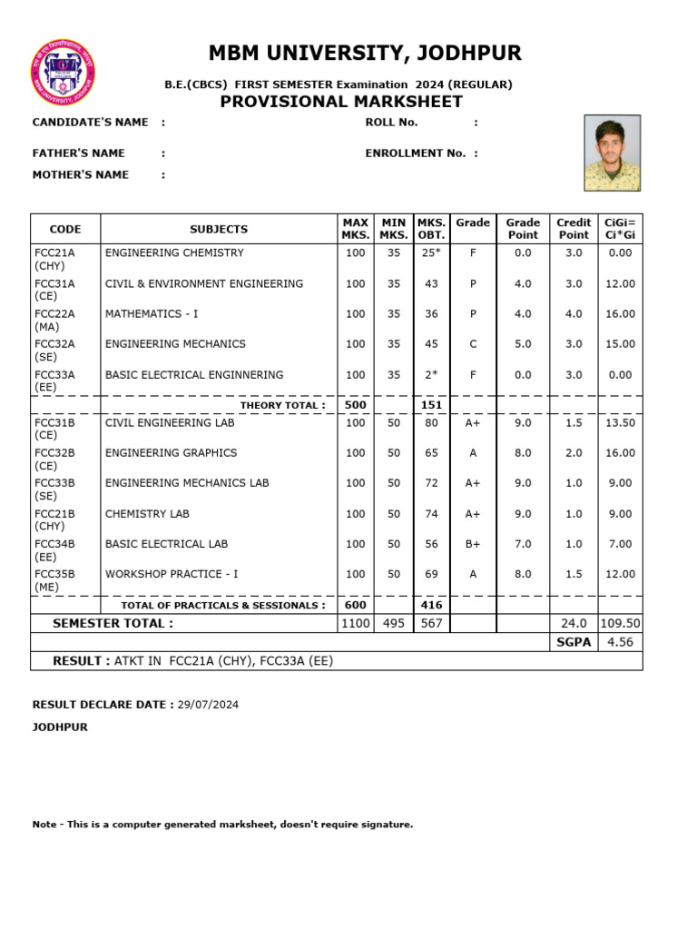 MBM University B.E. 1st Sem Marksheet | PDF | Science | Physical Sciences