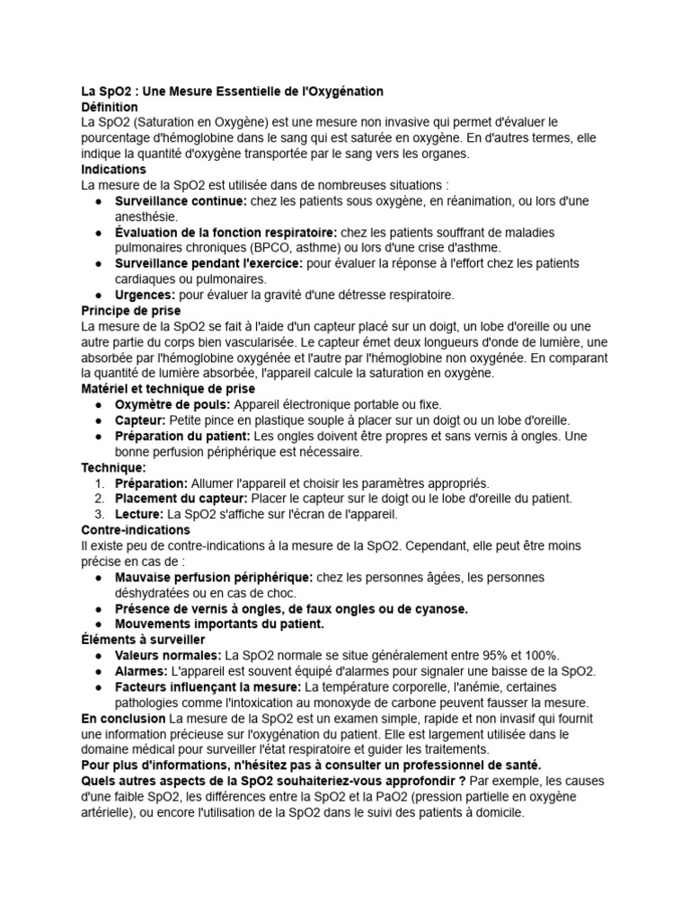 Définition et Importance de la SpO2 | PDF | Maladies et troubles | Médecine