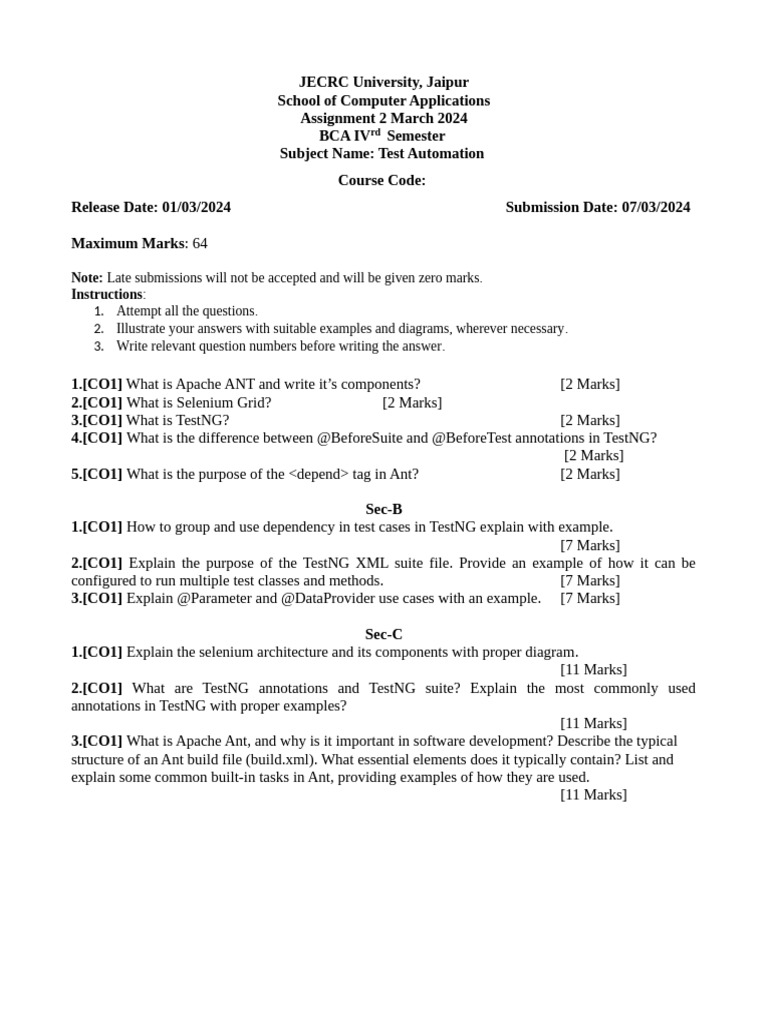 Test Automation Assignment for BCA IV Semester | PDF | Software Testing ...