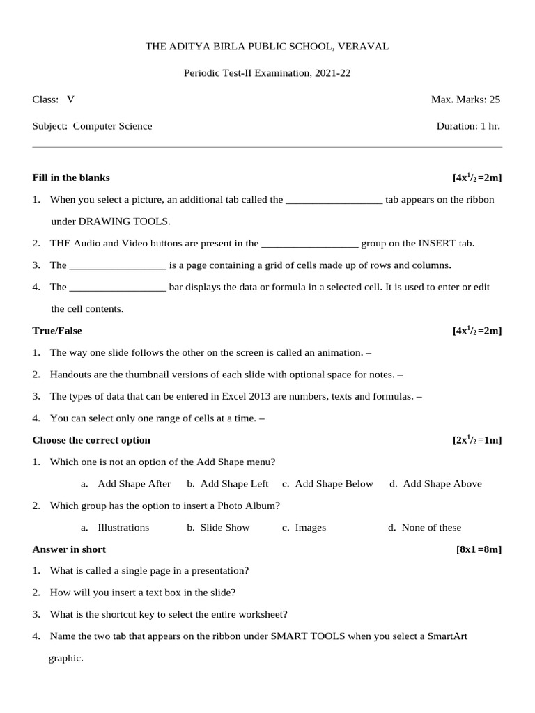 Computer Science Test for Class V | PDF | Microsoft Excel | System Software